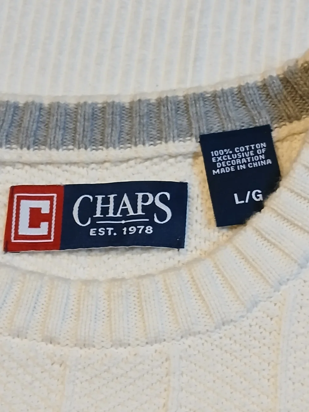 Chaps Mens Sweater Large L Ivory Cream Cotton Crewneck Ribbed Crest NWOT